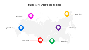 Russia map design with six vibrant location markers in various colors, each paired with placeholder text areas.
