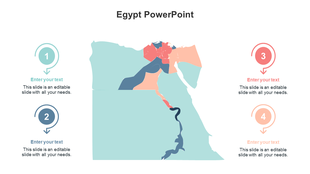 Illustrated Egypt map with highlighted areas and four circular numbered captions areas for presenting data.