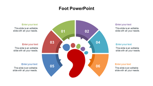 Semi circular layout with six numbered sections in different colors, centered around a stylized foot shape.