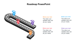 Curved 3D road with four numbered markers and matching colored footprints, each linked to text boxes on the right.