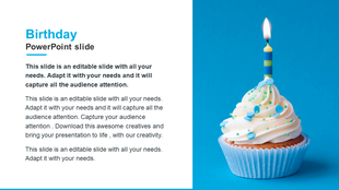 PowerPoint slide with a birthday theme featuring a cupcake with a lit candle and colorful decorations.