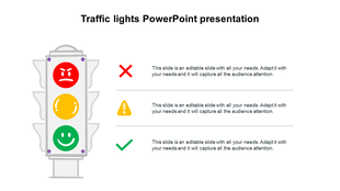 Slide with a traffic light graphic and matching colored signals linked to red cross, yellow warning, and green check icons.