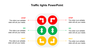 Traffic light layout with six circular icons in red, green, and yellow, each linked to editable text boxes on both sides.