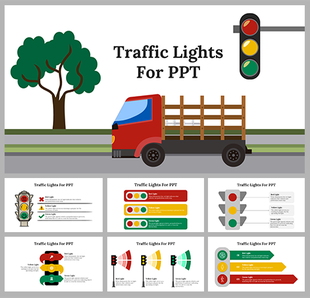 Traffic light-themed slide deck with illustrations of a truck, trees, and various slide layouts.