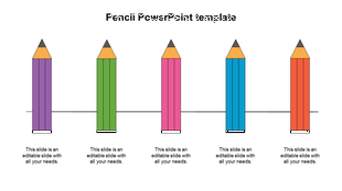 Template with five vertical colored pencils in purple, green, pink, blue, and red, aligned along a horizontal line.