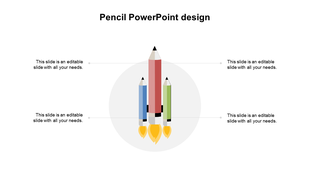 Creative slide with three rocket-shaped pencils in red, blue, and green, each linked to text placeholders on both sides.