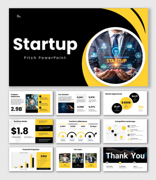 startup pitch template with black-yellow layouts, market charts, startup visuals, and investor-focused slides.