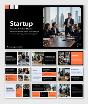 Startup PowerPoint template featuring business strategy, market analysis, financial planning, and growth roadmap.