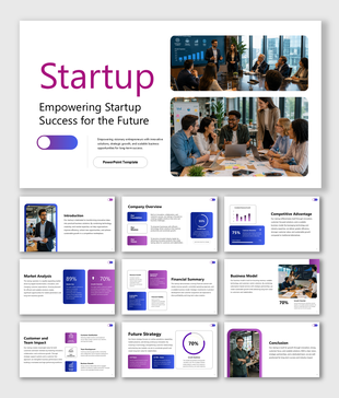 PPT template with a startup theme, displaying years 2018 to 2021 with colorful boxes and placeholder text on a white backdrop.