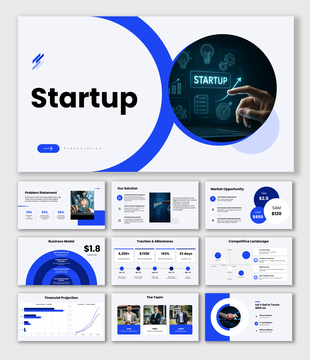 startup template with blue-white layouts, circular shapes, innovation visuals, and business growth dashboards.