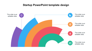 Radial startup diagram with five colorful arcs expanding outward, each labeled with icons and placeholder text.