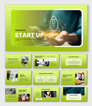 Startup PPT presentation featuring business overview, vision mission, market segmentation, and smart innovation slides.