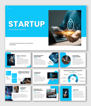 Download Startup PowerPoint template with blue theme, rocket graphics, business growth slides, and infographics.