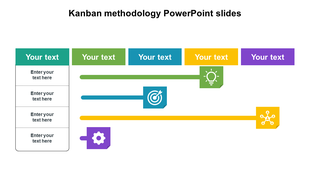 Kanban methodology slide with horizontal bars in teal, green, blue, yellow, and purple, featuring colored bars.