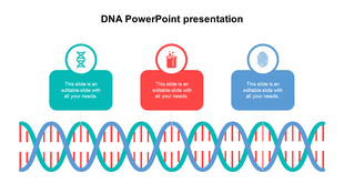 Biology themed template featuring a DNA double helix with three labeled sections in teal, red, and blue.