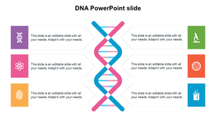 DNA themed PowerPoint slide with sections for various scientific color coded icons and placeholder text on a white backdrop.