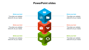 Slide with three stacked 3D cubes in blue, red, and green, each showing icons and connected to text areas on both sides.