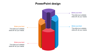 3D illustration with four vertical sections in purple, orange, red, and blue, each with an text box and caption.