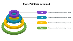 3D stacked ring diagram with four colorful layers in green, yellow, blue, and purple, each linked to labeled text boxes.