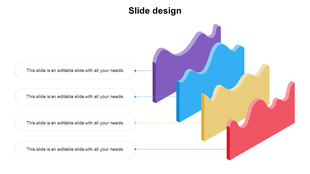 3D wave design with four colorful wave shapes in purple, blue, yellow, and red, each with a text box and caption.