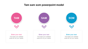 TAM SAM SOM template with three colored circular icons, each linked to placeholders text areas below with arrows.