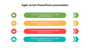 Agile Scrum PowerPoint presentation slide with four sections, each featuring an icon and a colored arrow.