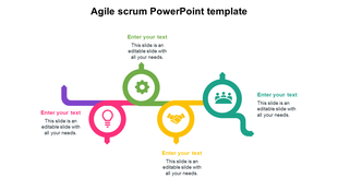 Agile scrum infographic with four circular icons in pink, green, yellow, and teal, connected by a horizontal path.