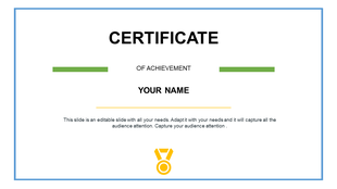 Certificate PowerPoint slide with a title, blank space for a name, and decorative borders in green, orange, and blue.