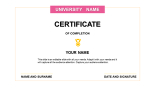 Simple certificate design with a medal icon, placeholders for university name, recipient, and signature at the bottom.