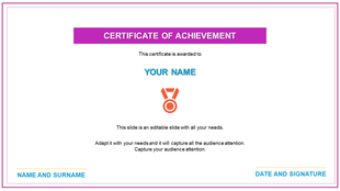 Certificate achievement slide with a purple header and pink border, featuring placeholders for recipient name and signature.