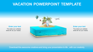 Vacation themed slide with a floating island, beach setup, underwater view, hot air balloons, and placeholder text areas.