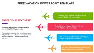 Four colorful airplane icons in green, red, blue, and orange with matching horizontal rectangular text boxes.