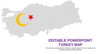 PowerPoint slide with a map of Turkey, featuring a yellow crescent and red star symbol with placeholder text.