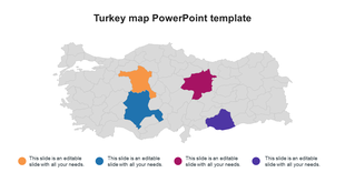 Gray map of Turkey with four highlighted regions in yellow, blue, red, and purple, paired with a legend with color codes.