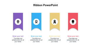 Ribbon infographic with circular icons on top of colored banners representing awards or badges, with text placeholders.