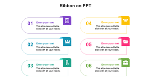 Ribbon themed slide featuring six  numbered round text boxes with icons in purple, blue, teal, yellow, pink, and green.
