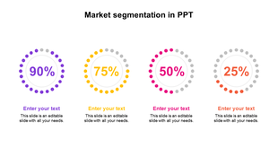 PowerPoint slide showcasing market segmentation with percentage circles for different data points with placeholder text.