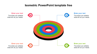Isometric PowerPoint template featuring a layered circular diagram with four labeled text boxes connected by lines.