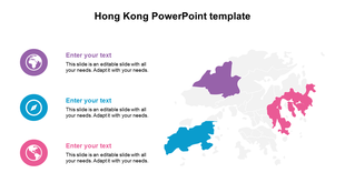 PowerPoint slide for Hong Kong with map regions in purple, blue, and pink, and placeholders for content.