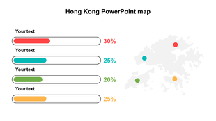 Map of Hong Kong with four colored dots linked to horizontal percentage bars labeled with placeholder text.