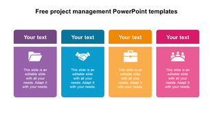 Four colored boxes in purple, blue, orange, and pink, each containing an icon and text area for project management content.