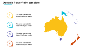 PowerPoint slide featuring a colorful map of Oceania with numbered sections for text on a white backdrop.