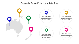 Oceania PowerPoint template with colorful location pins on a map of Australia and surrounding islands with placeholder text.