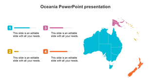 Oceania PowerPoint slide with a map highlighting regions including Australia, New Zealand, and the Pacific Islands.