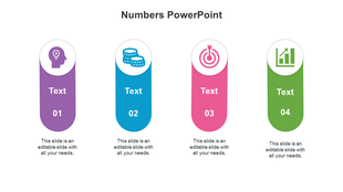 Number slide with four vertical pill shaped elements in purple, blue, pink, and green, each topped with a circular icon.