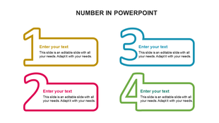 Colorful outlined numbers 1 to 4 in yellow, pink, blue, and green, each with text space inside, arranged in a grid format.