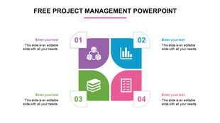 Project management layout with purple, blue, green, and pink blocks featuring icons, numbers, and surrounding text boxes.