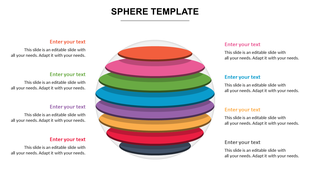 Colorful layered sphere infographic with eight stacked oval shapes, each in different colors, with text on both sides.