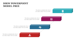DIKW PPT slide model with four horizontal blocks with icons and placeholder text on a white backdrop.