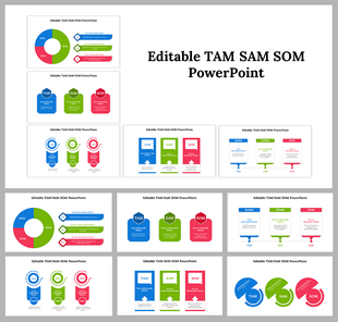 A slide deck illustrating the TAM, SAM, and SOM models, featuring engaging designs and layouts for effective communication.
